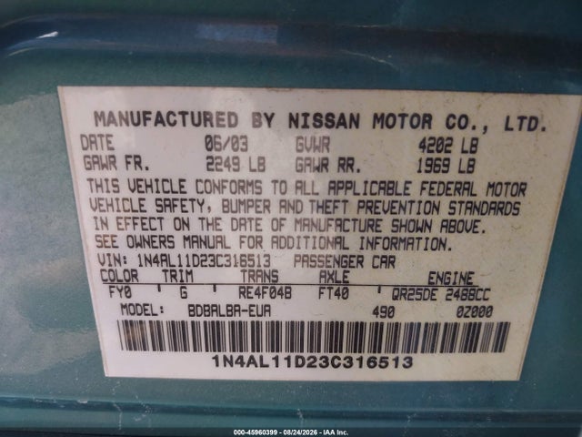 Продаж на аукціоні авто 2003 Nissan Altima 2.5 S, vin: 1N4AL11D23C316513, номер лоту: 45960399