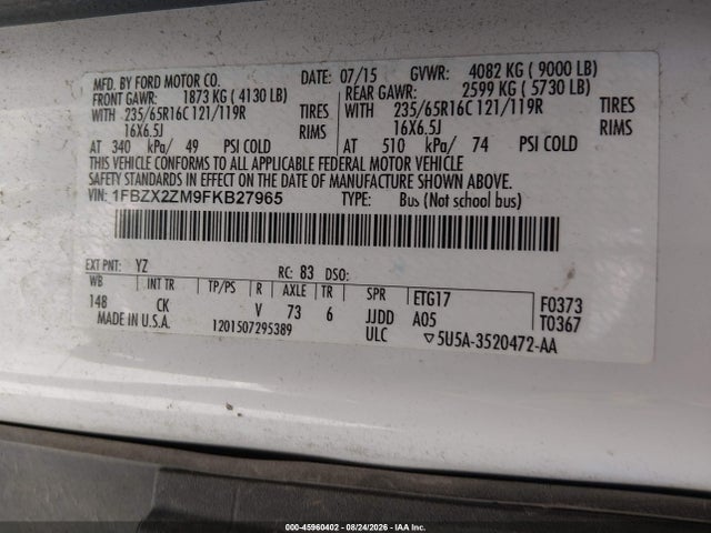 Aukcja sprzedaży 2015 Ford Transit-350 Xlt, vin: 1FBZX2ZM9FKB27965, numer aukcji: 45960402