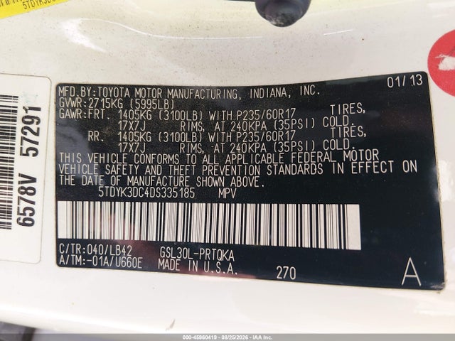 Продажа на аукционе авто 2013 Toyota Sienna Xle V6 8 Passenger, vin: 5TDYK3DC4DS335185, номер лота: 45960419