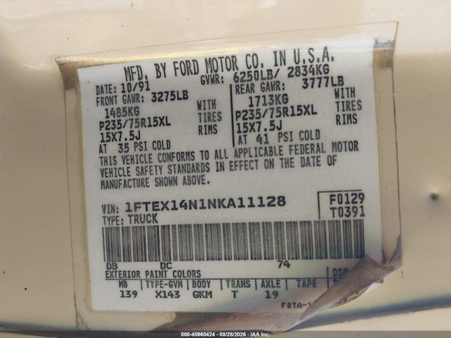 1992 Ford F150 მანქანა იყიდება აუქციონზე, vin: 1FTEX14N1NKA11128, აუქციონის ნომერი: 45960424