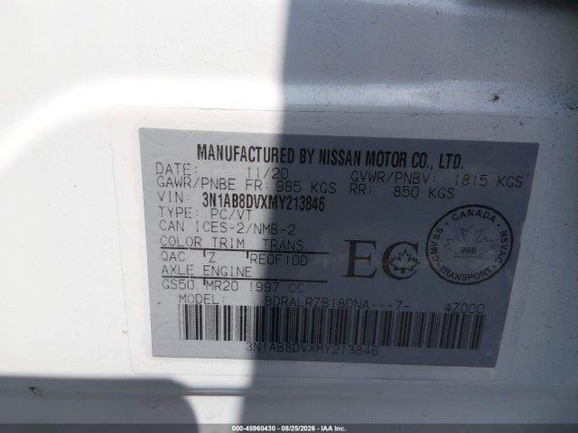 Продаж на аукціоні авто 2021 Nissan Sentra Sr Xtronic Cvt, vin: 3N1AB8DVXMY213846, номер лоту: 45960430