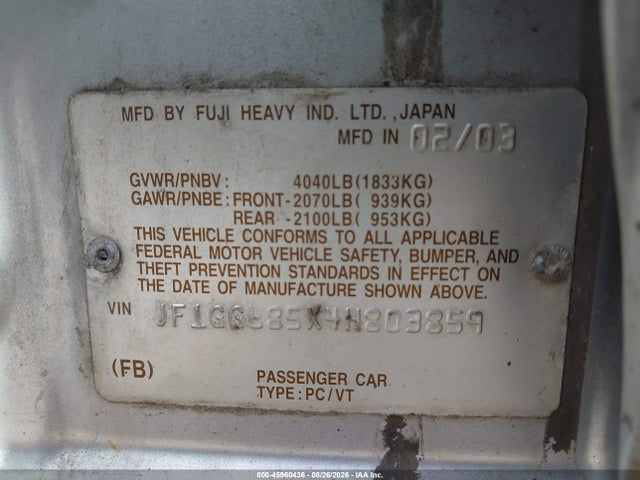 Продаж на аукціоні авто 2004 Subaru Impreza Outback Sport, vin: JF1GG685X4H803859, номер лоту: 45960436