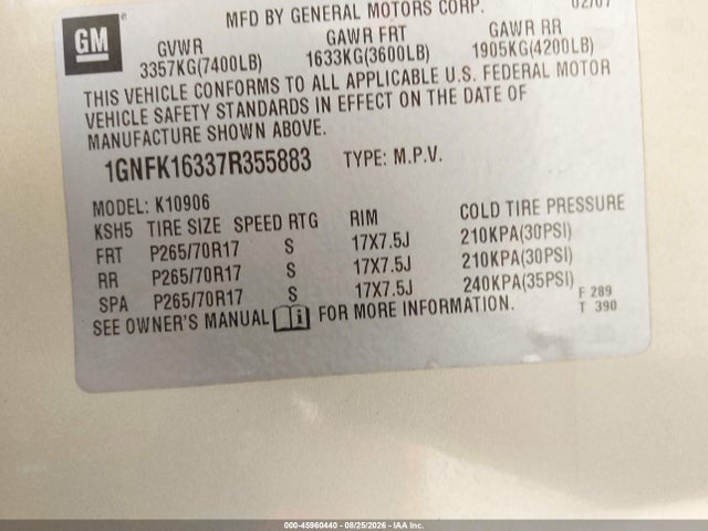 Продаж на аукціоні авто 2007 Chevrolet Suburban Lt, vin: 1GNFK16337R355883, номер лоту: 45960440