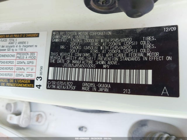 Aukcja sprzedaży 2010 Toyota 4runner Limited V6, vin: JTEBU5JR5A5010093, numer aukcji: 45960458
