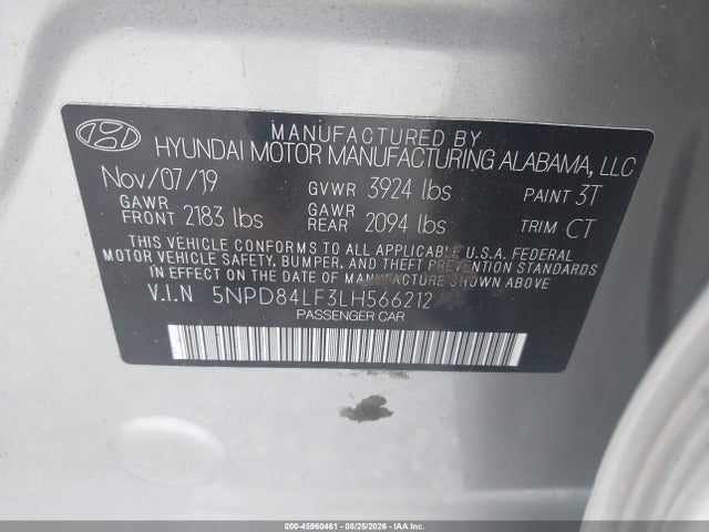 Aukcja sprzedaży 2020 Hyundai Elantra Sel, vin: 5NPD84LF3LH566212, numer aukcji: 45960461