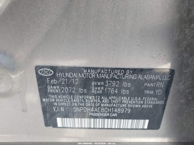 2012 Hyundai Elantra Limited მანქანა იყიდება აუქციონზე, vin: 5NPDH4AE8CH148979, აუქციონის ნომერი: 45960463