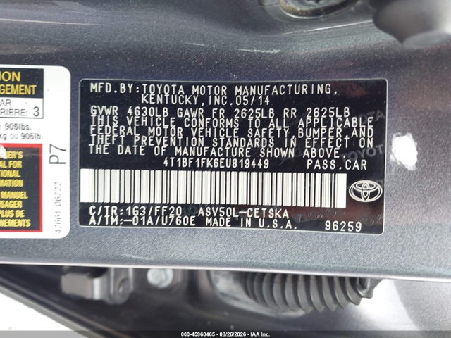 2014 Toyota Camry Se მანქანა იყიდება აუქციონზე, vin: 4T1BF1FK6EU819449, აუქციონის ნომერი: 45960465