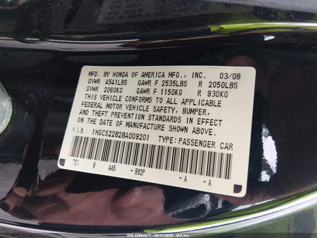 Продаж на аукціоні авто 2008 Honda Accord 3.5 Ex-l, vin: 1HGCS22828A009201, номер лоту: 45960471