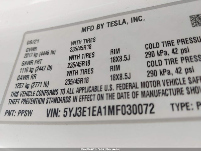Продажа на аукционе авто 2021 Tesla Model 3 Standard Range Plus Rear-wheel Drive, vin: 5YJ3E1EA1MF030072, номер лота: 45960472