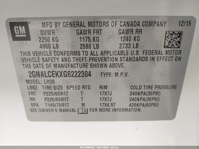 45960482 :رقم المزاد ، 2GNALCEKXG6222304 vin ، 2016 Chevrolet Equinox Lt مزاد بيع