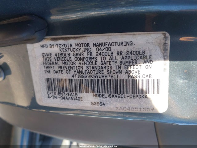 45960494 :رقم المزاد ، 4T1BG22K5YU997611 vin ، 2000 Toyota Camry Ce مزاد بيع