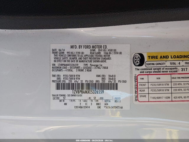 45960496 :رقم المزاد ، 1ZVBP8AMXE5326559 vin ، 2014 Ford Mustang V6 Premium مزاد بيع