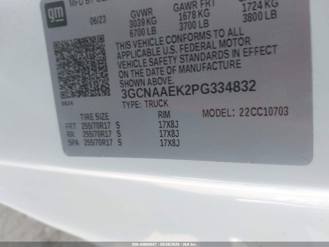 2023 Chevrolet Silverado 1500 2wd  Standard Bed Wt მანქანა იყიდება აუქციონზე, vin: 3GCNAAEK2PG334832, აუქციონის ნომერი: 45960507