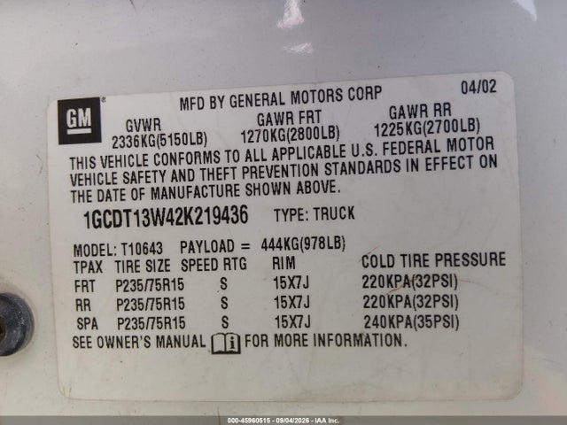 Продаж на аукціоні авто 2002 Chevrolet S-10 Ls, vin: 1GCDT13W42K219436, номер лоту: 45960515