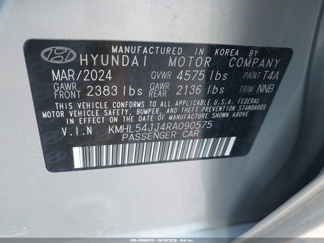 2024 Hyundai Sonata Hybrid Limited მანქანა იყიდება აუქციონზე, vin: KMHL54JJ4RA090575, აუქციონის ნომერი: 45960518