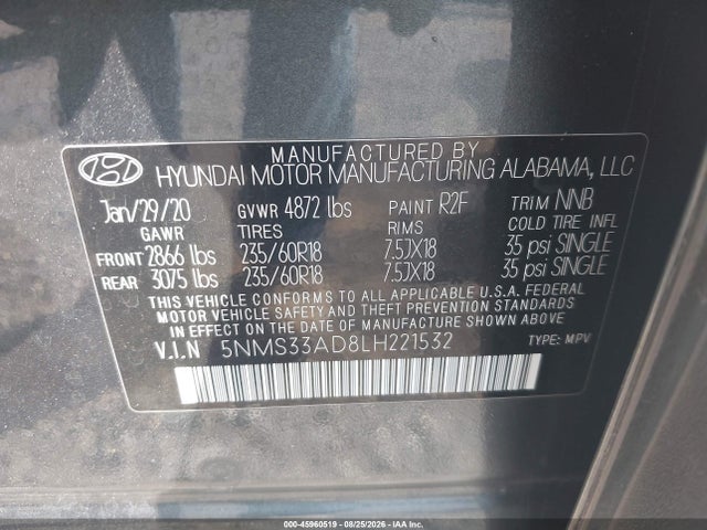 Продажа на аукционе авто 2020 Hyundai Santa Fe Sel, vin: 5NMS33AD8LH221532, номер лота: 45960519
