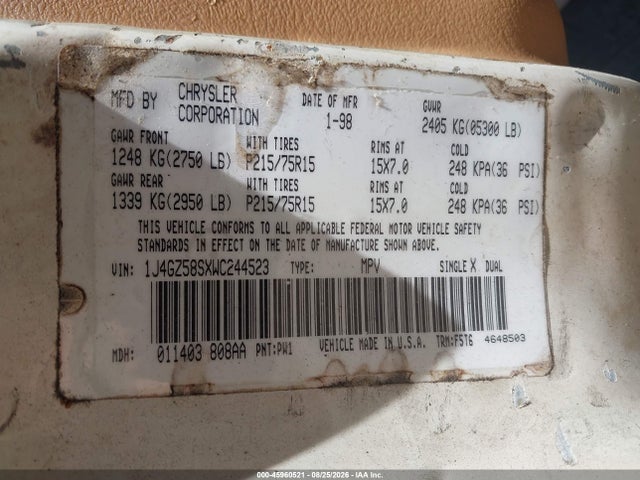 45960521 :رقم المزاد ، 1J4GZ58SXWC244523 vin ، 1998 Jeep Grand Cherokee Laredo مزاد بيع