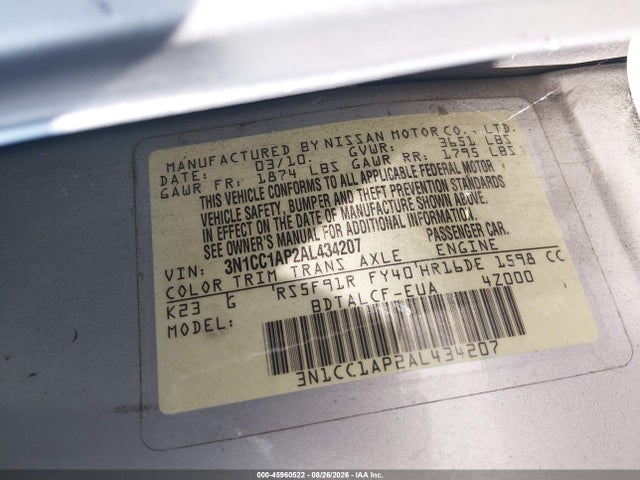 Продаж на аукціоні авто 2010 Nissan Versa 1.6, vin: 3N1CC1AP2AL434207, номер лоту: 45960522
