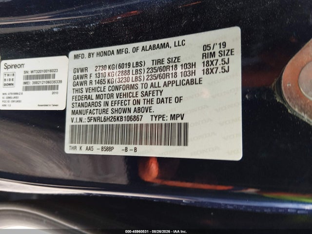 Продажа на аукционе авто 2019 Honda Odyssey Lx, vin: 5FNRL6H26KB106867, номер лота: 45960531