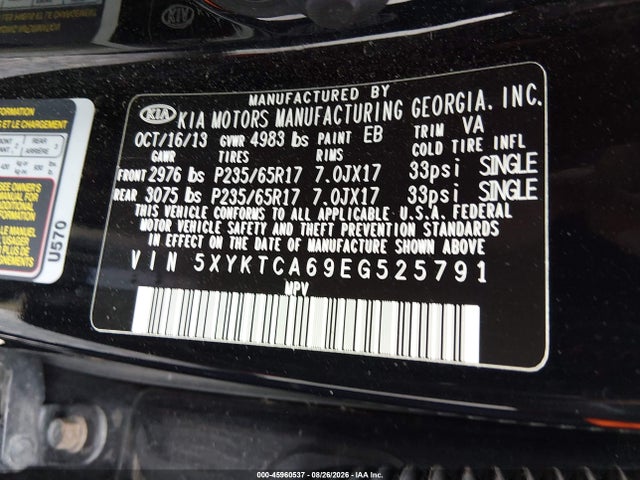 2014 Kia Sorento Lx მანქანა იყიდება აუქციონზე, vin: 5XYKTCA69EG525791, აუქციონის ნომერი: 45960537