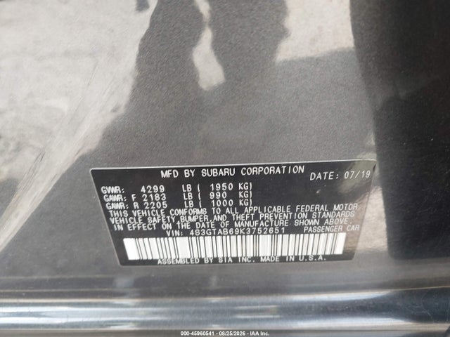 45960541 :رقم المزاد ، 4S3GTAB69K3752651 vin ، 2019 Subaru Impreza 2.0i مزاد بيع