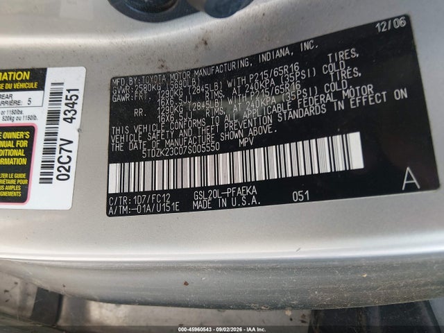 Продажа на аукционе авто 2007 Toyota Sienna Le, vin: 5TDZK23C07S005550, номер лота: 45960543