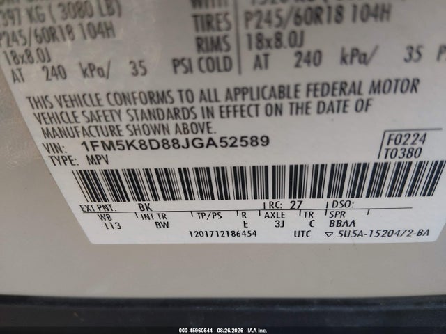 1FM5K8D88JGA52589 Ford EXPLORER XLT