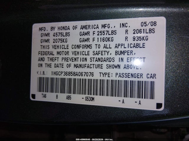 Продажа на аукционе авто 2008 Honda Accord 3.5 Ex-l, vin: 1HGCP36858A067076, номер лота: 45960548