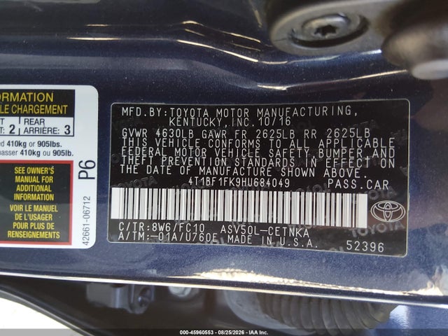 2017 Toyota Camry Le მანქანა იყიდება აუქციონზე, vin: 4T1BF1FK9HU684049, აუქციონის ნომერი: 45960553