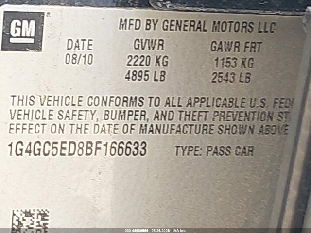 Продаж на аукціоні авто 2011 Buick Lacrosse Cxl, vin: 1G4GC5ED8BF166633, номер лоту: 45960565