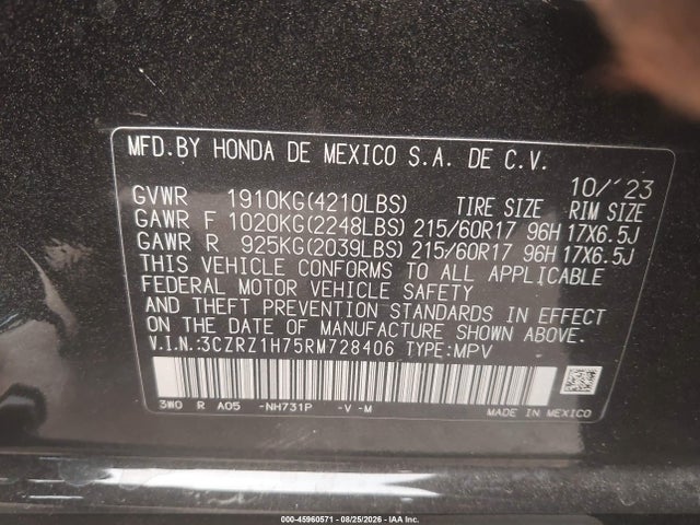 Продаж на аукціоні авто 2024 Honda Hr-v 2wd Ex-l/2wd Ex-l W/o Bsi, vin: 3CZRZ1H75RM728406, номер лоту: 45960571