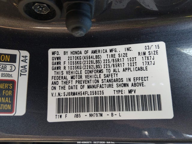 2015 Honda Cr-v Ex მანქანა იყიდება აუქციონზე, vin: 5J6RM4H54FL058035, აუქციონის ნომერი: 45960575