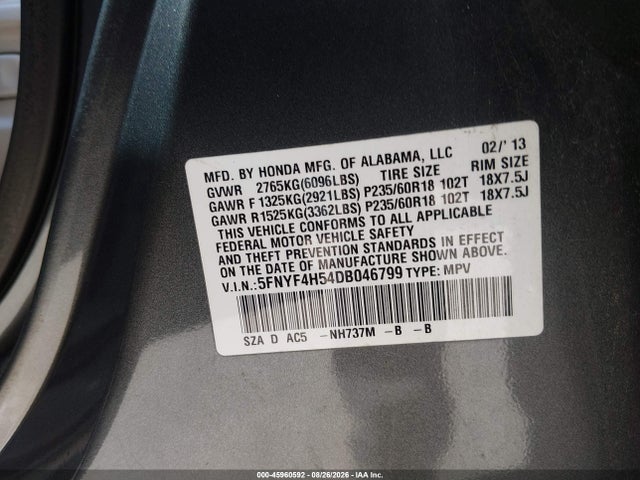 Продаж на аукціоні авто 2013 Honda Pilot Ex-l, vin: 5FNYF4H54DB046799, номер лоту: 45960592