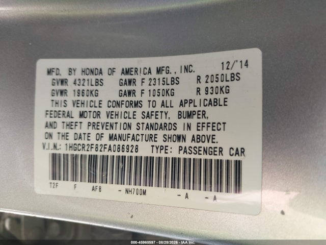 Aukcja sprzedaży 2015 Honda Accord Ex-l, vin: 1HGCR2F82FA086928, numer aukcji: 45960597