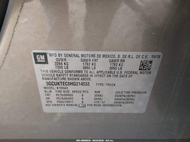 2017 Chevrolet Silverado 1500 High Country მანქანა იყიდება აუქციონზე, vin: 3GCUKTEC8HG214533, აუქციონის ნომერი: 45960629