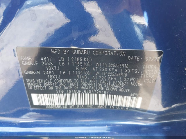 Aukcja sprzedaży 2025 Subaru Crosstrek Limited, vin: 4S4GUHL65S3729187, numer aukcji: 45960631