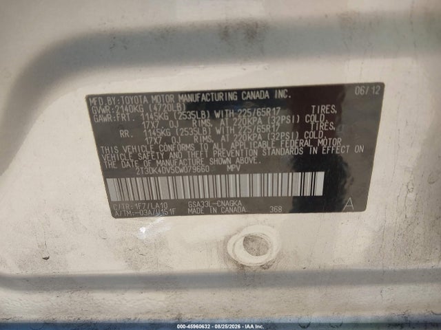 45960632 :رقم المزاد ، 2T3DK4DV5CW079660 vin ، 2012 Toyota Rav4 Limited V6 مزاد بيع