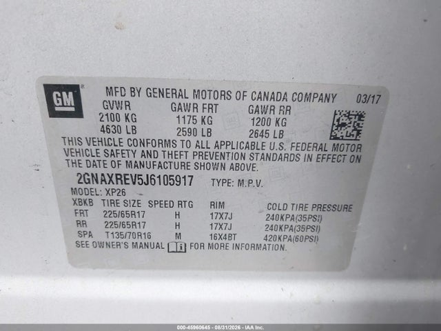 2018 Chevrolet Equinox Ls მანქანა იყიდება აუქციონზე, vin: 2GNAXREV5J6105917, აუქციონის ნომერი: 45960645