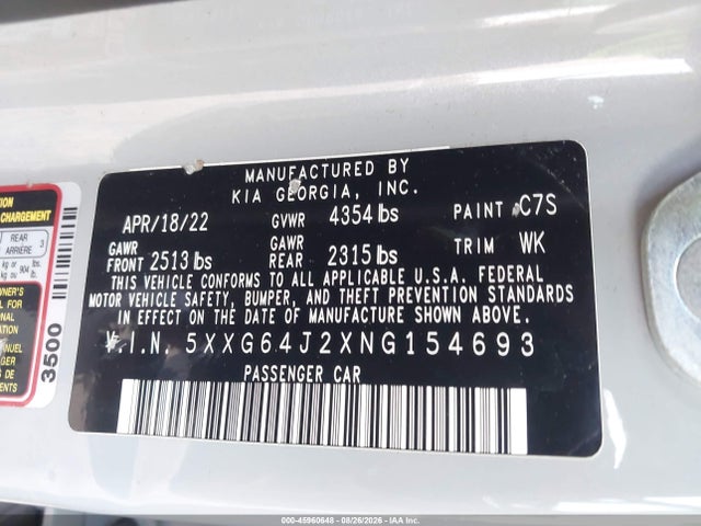 45960648 :رقم المزاد ، 5XXG64J2XNG154693 vin ، 2022 Kia K5 Gt-line مزاد بيع