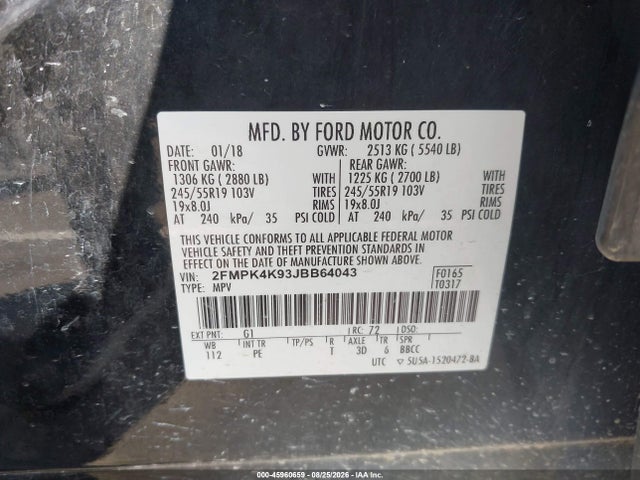 Продажа на аукционе авто 2018 Ford Edge Titanium, vin: 2FMPK4K93JBB64043, номер лота: 45960659