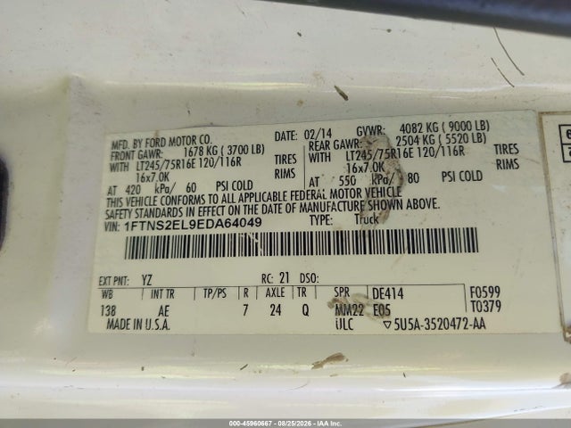 Продаж на аукціоні авто 2014 Ford E-250 Commercial, vin: 1FTNS2EL9EDA64049, номер лоту: 45960667