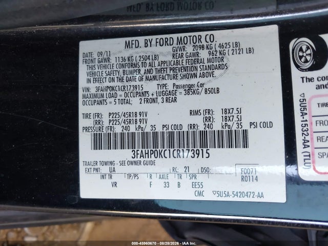 Продажа на аукционе авто 2012 Ford Fusion Sport, vin: 3FAHP0KC1CR173915, номер лота: 45960670