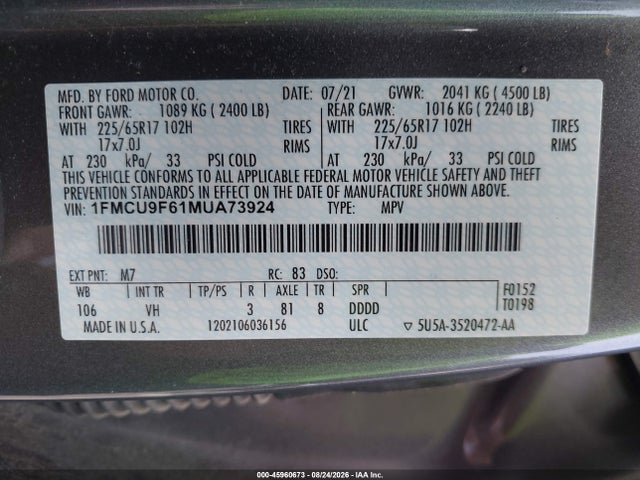 Ford ESCAPE S 2021 1FMCU9F61MUA73924 Image 9