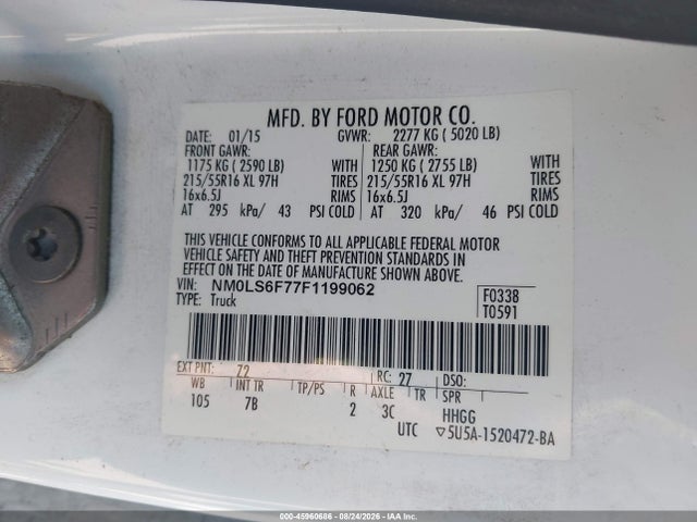 2015 Ford Transit Connect Xlt მანქანა იყიდება აუქციონზე, vin: NM0LS6F77F1199062, აუქციონის ნომერი: 45960686