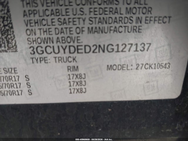 45960689 :رقم المزاد ، 3GCUYDED2NG127137 vin ، 2022 Chevrolet Silverado 1500 Ltd 4wd  Short Bed Lt مزاد بيع