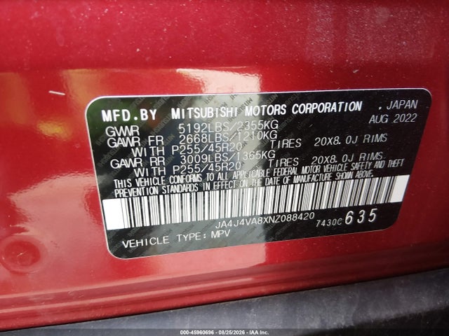 Продажа на аукционе авто 2022 Mitsubishi Outlander Sel 2.5 S-awc/sel Launch Edition S-awc/sel Special Edition S-awc, vin: JA4J4VA8XNZ088420, номер лота: 45960696