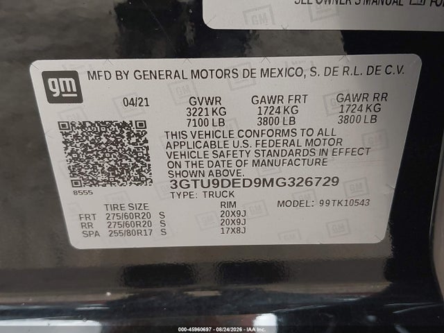 2021 Gmc Sierra 1500 მანქანა იყიდება აუქციონზე, vin: 3GTU9DED9MG326729, აუქციონის ნომერი: 45960697