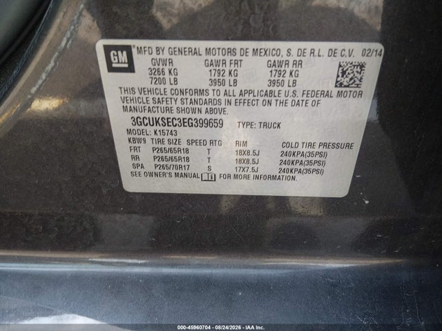 Продаж на аукціоні авто 2014 Chevrolet Silverado 1500 Ltz, vin: 3GCUKSEC3EG399659, номер лоту: 45960704