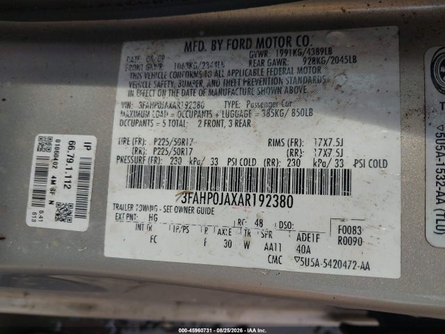 Продажа на аукционе авто 2010 Ford Fusion Sel, vin: 3FAHP0JAXAR192380, номер лота: 45960731