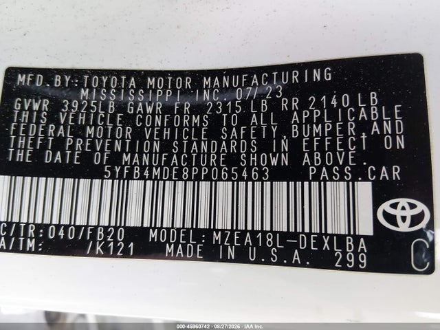 45960742 :رقم المزاد ، 5YFB4MDE8PP065463 vin ، 2023 Toyota Corolla Le مزاد بيع